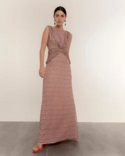 Vestido largo escote en espalda con drapeados