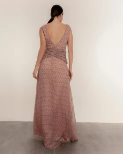 Vestido largo escote en espalda con drapeados