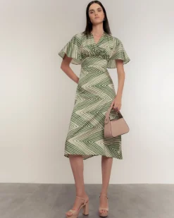 Vestido midi manga print capa zig zag